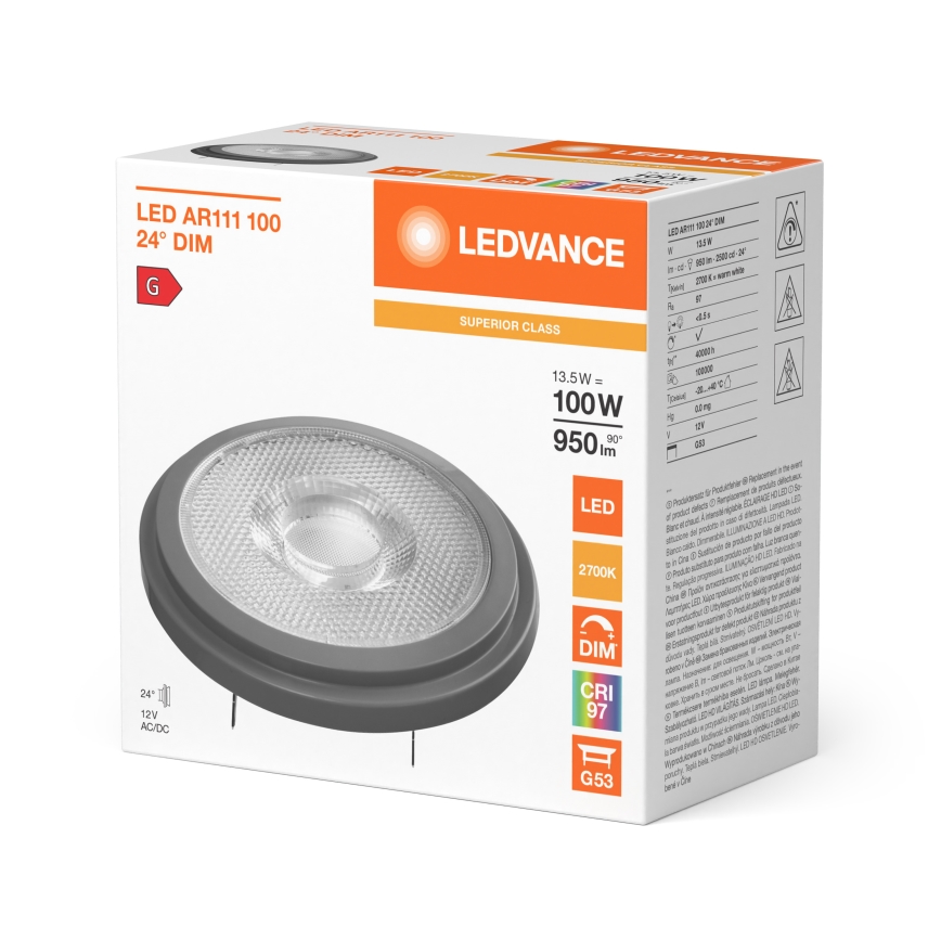Ρυθμιζόμενος LED λαμπτήρας AR111 G53/13,5W/12V 2700K 24° CRI 97 - Ledvance