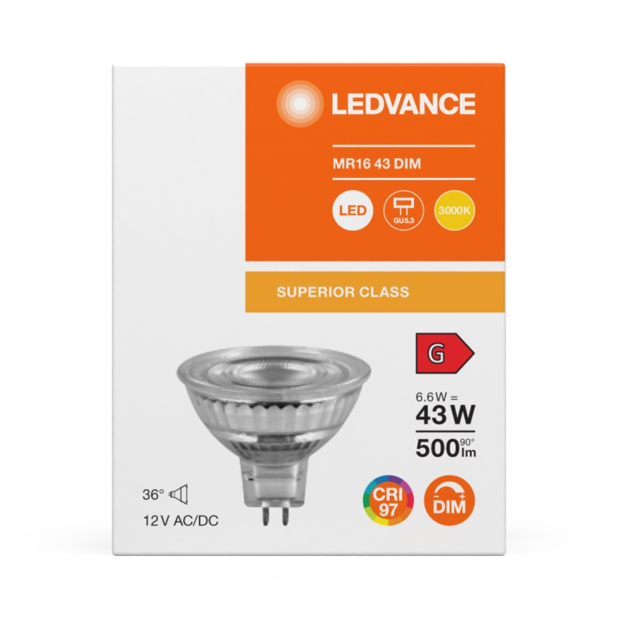 LED ρυθμιζόμενη ανακλαστική λάμπα MR16 GU5,3/6,6W/12V 3000K 36° CRI 97 - Ledvance