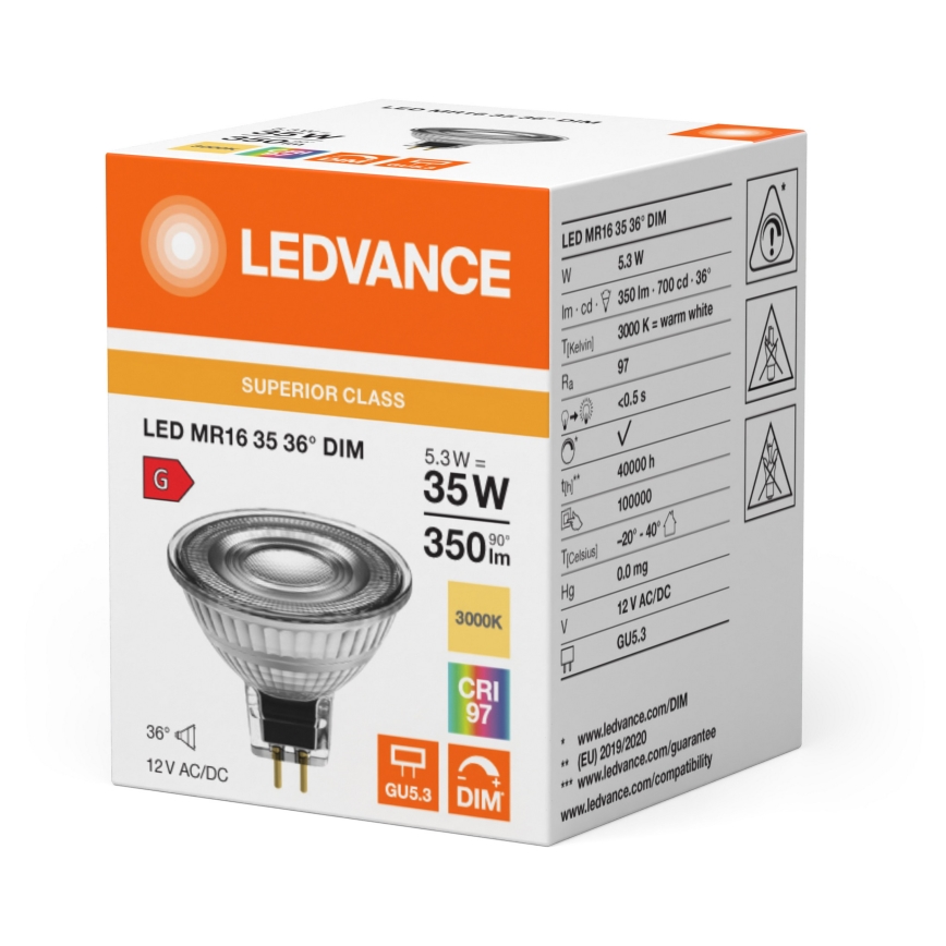 LED Ρυθμιζόμενη προβολική λάμπα MR16 GU5,3/5,3W/12V 3000K 36° CRI 97 - Ledvance