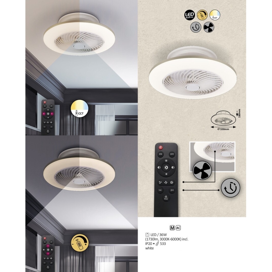 Rabalux - LED Dimmable φωτιστικό οροφής με ανεμιστήρα DALFON LED/36W/230V 3000-6000K + τηλεχειριστήριο