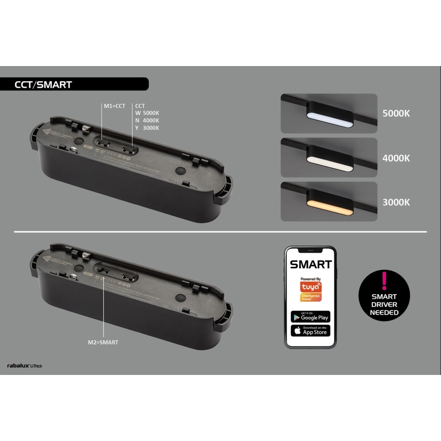 Rabalux - LED Dimmable φωτιστικό οροφής για μονοφασική ράγα LED/13W/24V 2700-5500K Wi-Fi Tuya 33 cm μαύρο