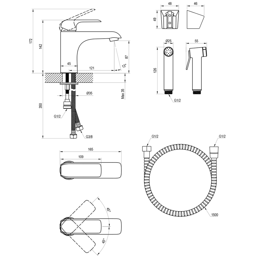 Ravak X070438 - Μπαταρία νιπτήρα FLAT με ντουζάκι μπιντέ, γυαλισμένο χρώμιο
