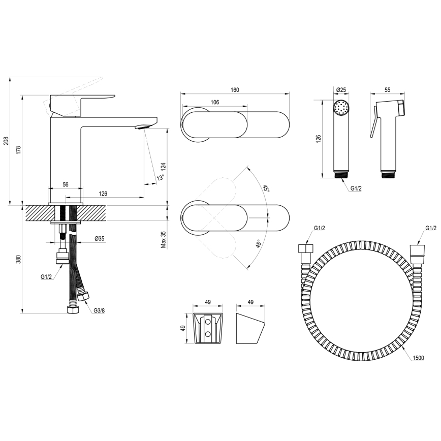 Ravak X070450 - Μπαταρία νιπτήρα με ψεκαστήρα μπιντέ CHROME, γυαλιστερό χρώμιο