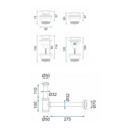 REA-A4400 - Σιφώνι νιπτήρα με βαλβίδα Click-Clack, διάμετρος 6,4 εκ., νίκελ