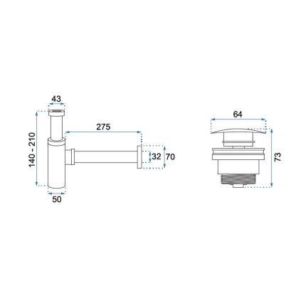 REA-A5215 - Σιφώνι νιπτήρα με βαλβίδα CLICK-CLACK, διάμ. 6,4 εκ., ματ μαύρο