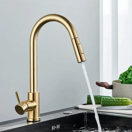 REA-B9148 - Μπαταρία κουζίνας με ανασυρόμενο ψεκαστήρα FRESH, μήκους 39,5 cm, βούρτσιστο χρυσό φινίρισμα