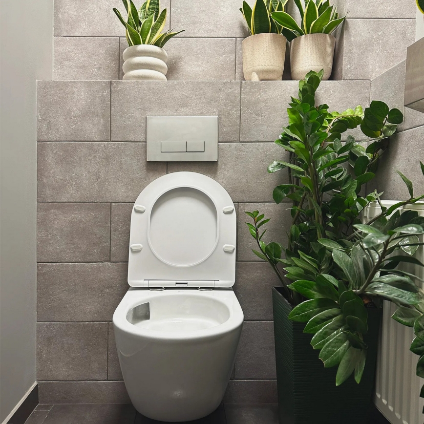REA-C1259 - Κρεμαστή λεκάνη WC με κάθισμα CARLO MINI TORNADO RIMLESS, κεραμική/γυαλιστερό λευκό