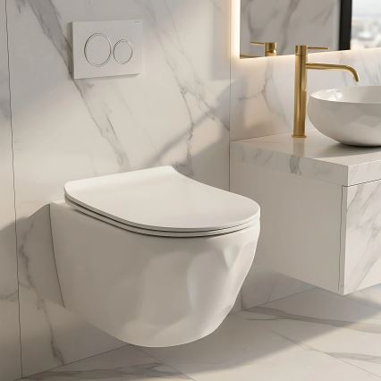REA-C1652 - Κρεμαστή λεκάνη WC με κάθισμα GUSTAVO RIMLESS κεραμικό/λευκό