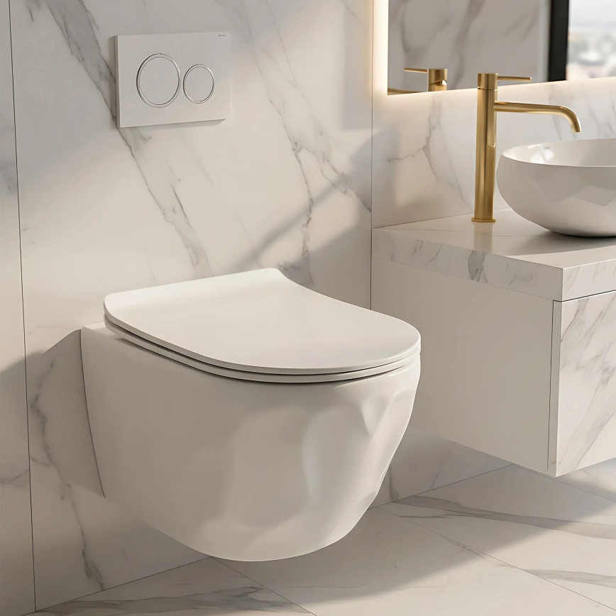 REA-C1652 - Κρεμαστή λεκάνη WC με κάθισμα GUSTAVO RIMLESS κεραμικό/λευκό