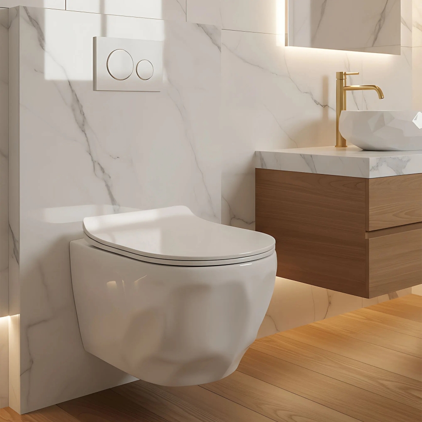 REA-C1652 - Κρεμαστή λεκάνη WC με κάθισμα GUSTAVO RIMLESS κεραμικό/λευκό