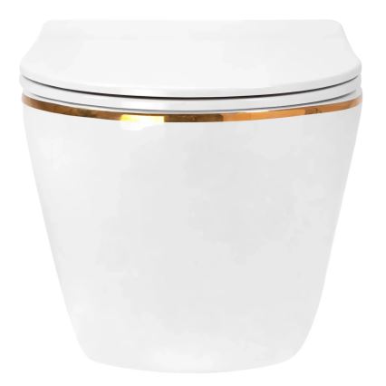 REA-C6806 - Κρεμαστή λεκάνη WC με κάθισμα CARLO MINI TORNADO RIMLESS κεραμική/λευκή/χρυσή