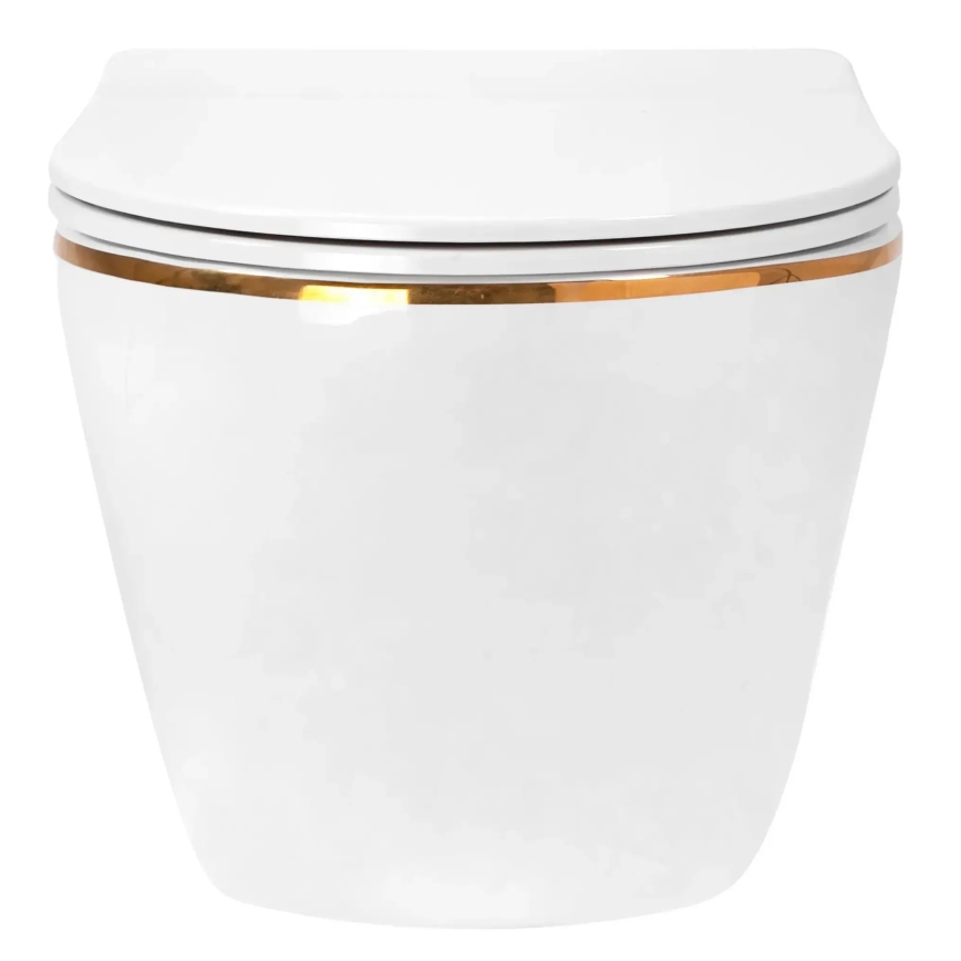 REA-C6806 - Κρεμαστή λεκάνη WC με κάθισμα CARLO MINI TORNADO RIMLESS κεραμική/λευκή/χρυσή