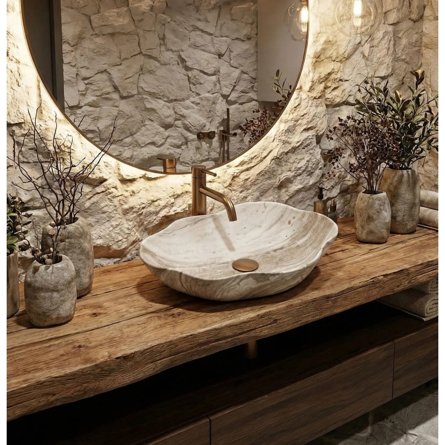 REA-U0618 - Επιτραπέζιος νιπτήρας PEARL 38 x 50,5 εκ., κεραμικός/μπεζ/απομίμηση πέτρας