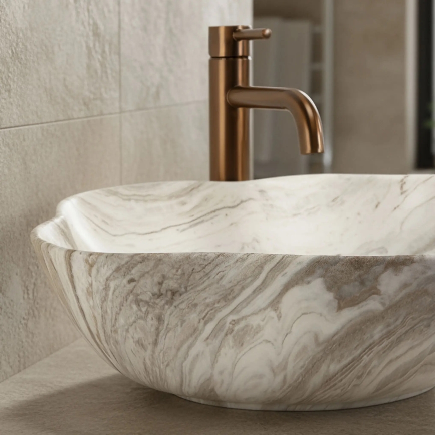 REA-U0618 - Επιτραπέζιος νιπτήρας PEARL 38 x 50,5 εκ., κεραμικός/μπεζ/απομίμηση πέτρας