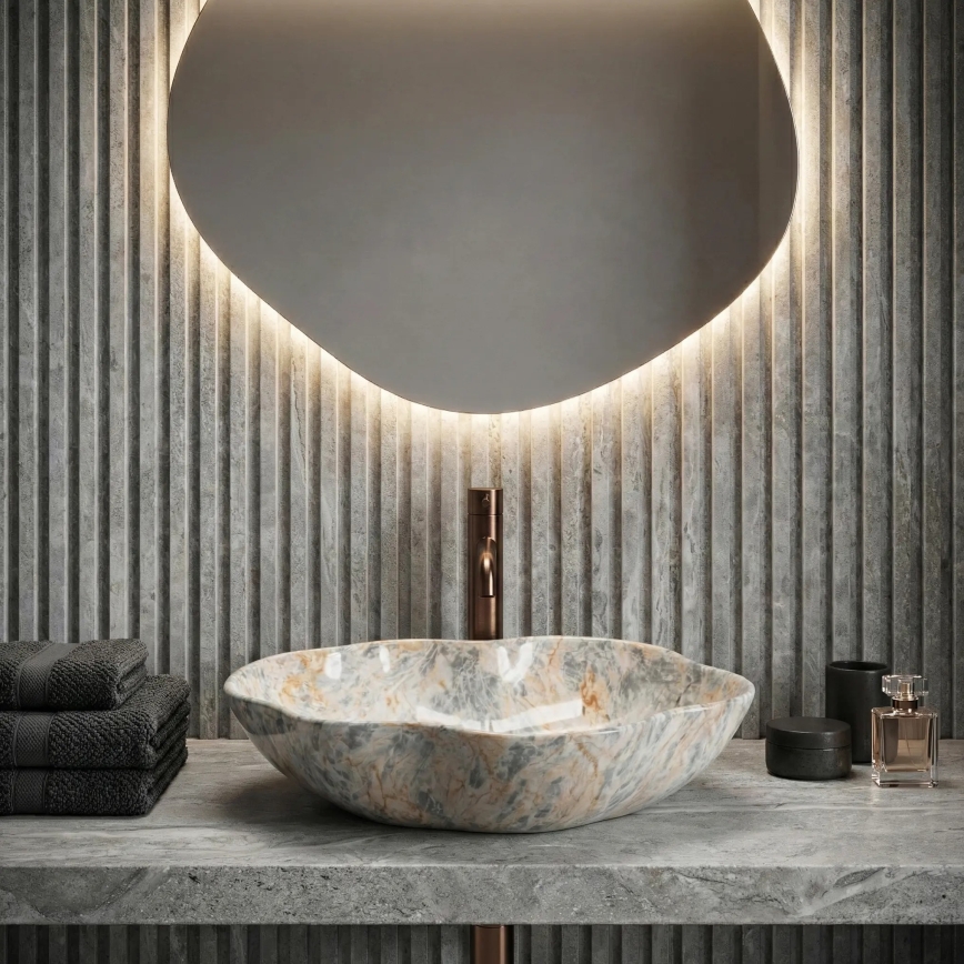 REA-U0620 - Επιτραπέζιος νιπτήρας PEARL 38x50,5 εκ. κεραμικός/γκρι/μπεζ/απομίμηση πέτρας