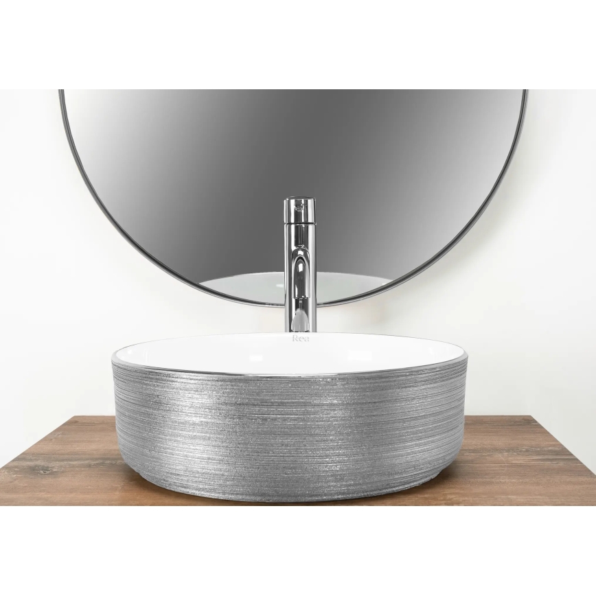 REA-U3304 - Νιπτήρας για πάγκο SAMI, διάμ. 36 cm, κεραμικός/λευκός/ασημί