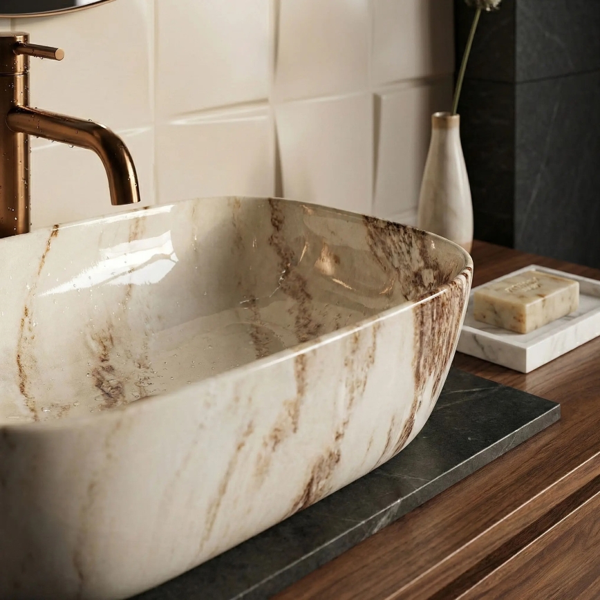 REA-U3601 - Επιτραπέζιος νιπτήρας BELINDA 33x46,5 cm κεραμικός/μπεζ/απομίμηση πέτρας
