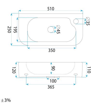 REA-U3610 - Νιπτήρας επιτραπέζιος/επιτοίχιος ODETTA 25x51 cm κεραμικό/γυαλιστερό λευκό