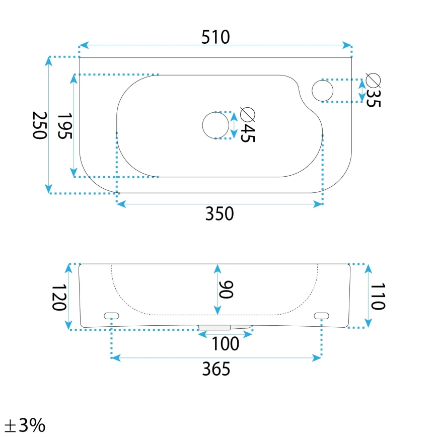 REA-U3610 - Νιπτήρας επιτραπέζιος/επιτοίχιος ODETTA 25x51 cm κεραμικό/γυαλιστερό λευκό
