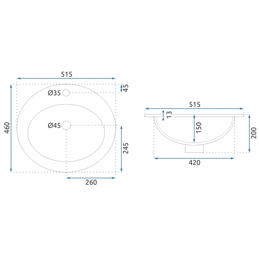 REA-U4122 - Ενθετός νιπτήρας DALIA 46x51,5 cm κεραμικό/γυαλιστερό λευκό