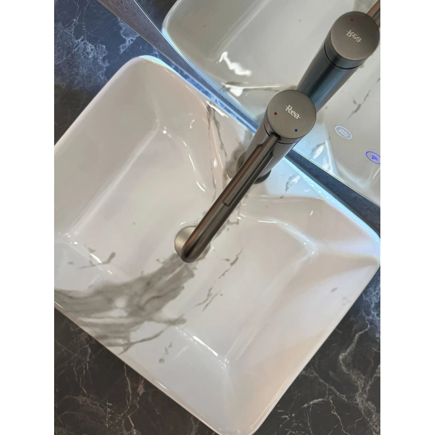 REA-U5052 - Νιπτήρας για τοποθέτηση πάνω σε πάγκο KELLY 38x49 cm, κεραμικός, λευκός με μαρμάρινη όψη