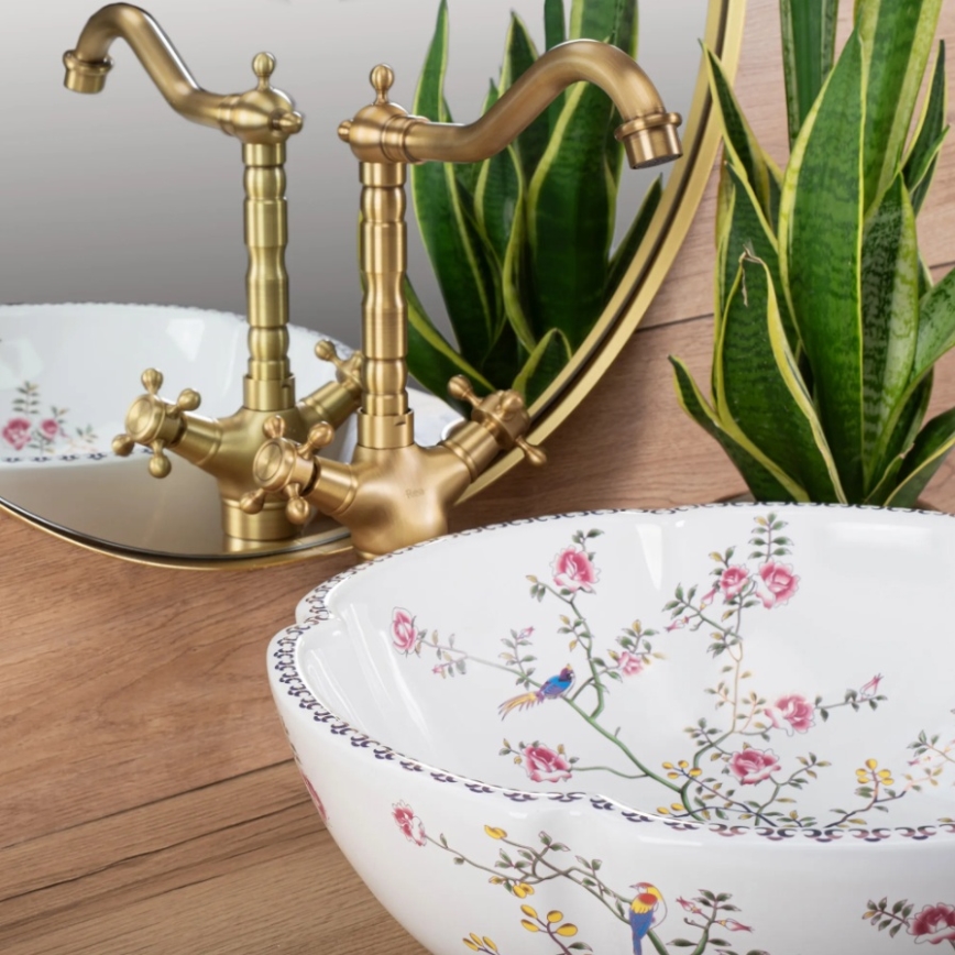 REA-U7504 - Επιτραπέζιος νιπτήρας FELICIA, διάμ. 42,5 cm, κεραμικός/με λουλουδένιο σχέδιο