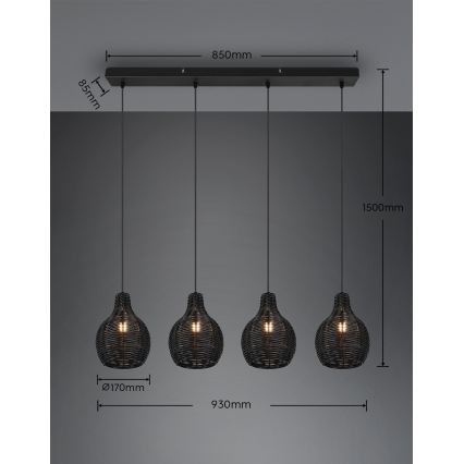 Reality - Κρεμαστό φωτιστικό με καλώδιο SPROUT 4xE14/30W/230V μαύρο/ραττάν