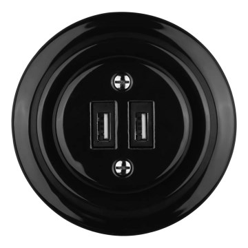 Reblig - Πορσελάνινη ρετρό πρίζα τροφοδοσίας USB με πλαίσιο 2xUSB-A μαύρη