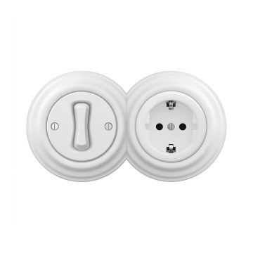 Reblig - Retro μονοπολικός διακόπτης αρ. 1 και πρίζα SCHUKO 230V με πλαίσιο σε χιονόλευκο χρώμα