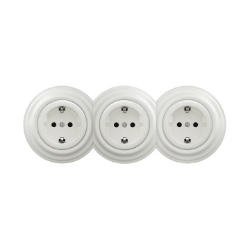 Reblig - Τριπλή ρετρό οικιακή πρίζα SCHUKO 230V με πλαίσιο, λευκή κεραμική