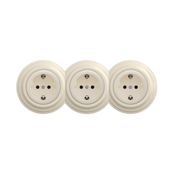 Reblig - Τριπλή ρετρό οικιακή πρίζα με πλαίσιο SCHUKO 230V μπεζ