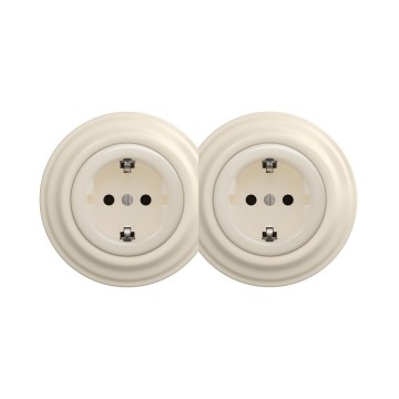 Reblig - Διπλή ρετρό πρίζα τοίχου με πλαίσιο SCHUKO 230V μπεζ