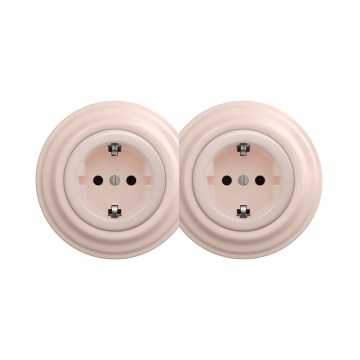 Reblig - Διπλή ρετρό οικιακή πρίζα SCHUKO 230V με πλαίσιο, σε αντικέ ροζ