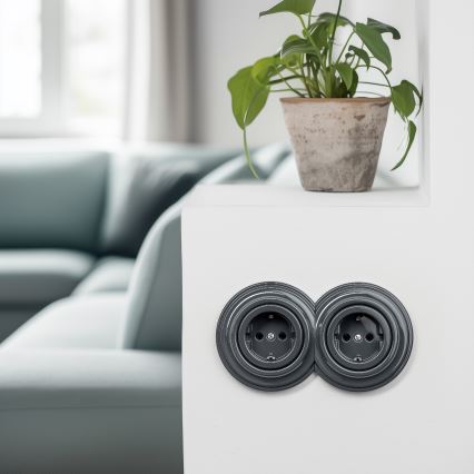 Reblig - Διπλή ρετρό οικιακή πρίζα με πλαίσιο SCHUKO 230V ανθρακί