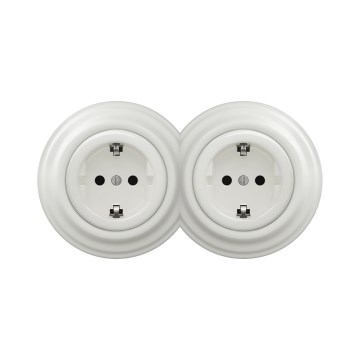 Reblig -Διπλή ρετρό οικιακή πρίζα με πλαίσιο SCHUKO 230V λευκή κεραμική