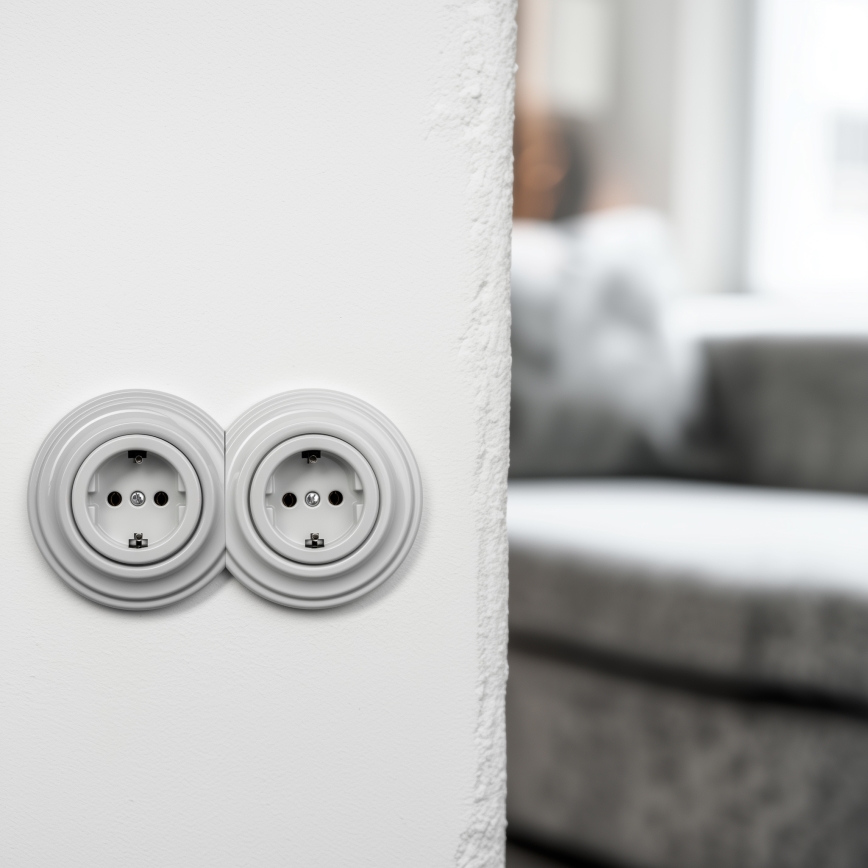 Reblig -Διπλή ρετρό οικιακή πρίζα με πλαίσιο SCHUKO 230V λευκή κεραμική