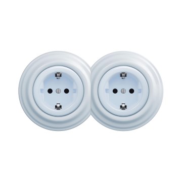 Reblig - Διπλή ρετρό οικιακή πρίζα με πλαίσιο SCHUKO 230V μπλε