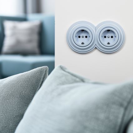 Reblig - Διπλή ρετρό οικιακή πρίζα με πλαίσιο SCHUKO 230V μπλε