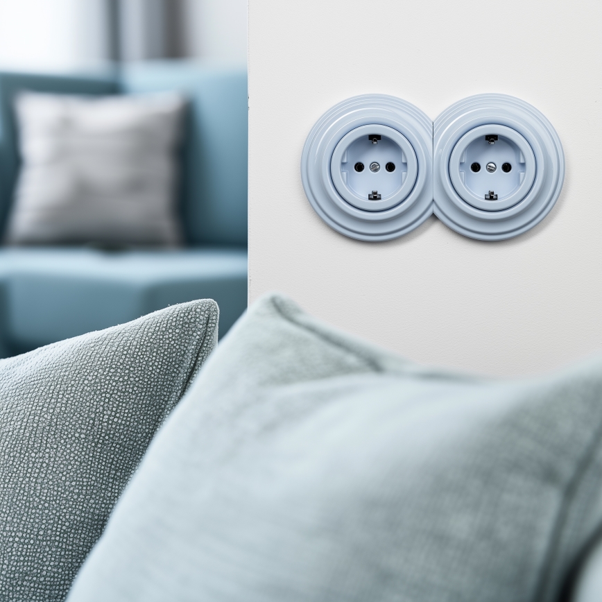Reblig - Διπλή ρετρό οικιακή πρίζα με πλαίσιο SCHUKO 230V μπλε