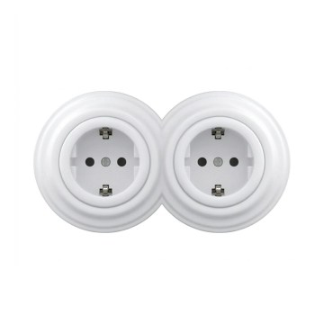 Reblig - Διπλή ρετρό οικιακή πρίζα με πλαίσιο SCHUKO 230V, χιονόλευκη