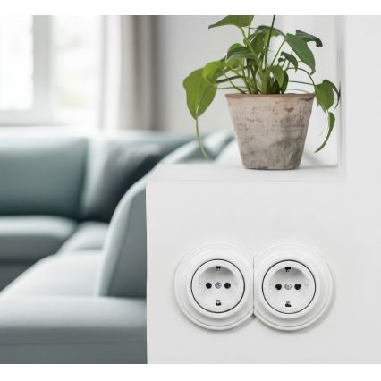 Reblig - Διπλή ρετρό οικιακή πρίζα με πλαίσιο SCHUKO 230V, χιονόλευκη