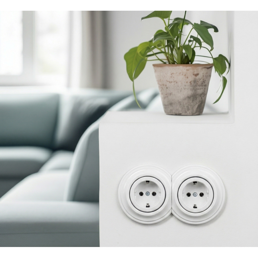 Reblig - Διπλή ρετρό οικιακή πρίζα με πλαίσιο SCHUKO 230V, χιονόλευκη