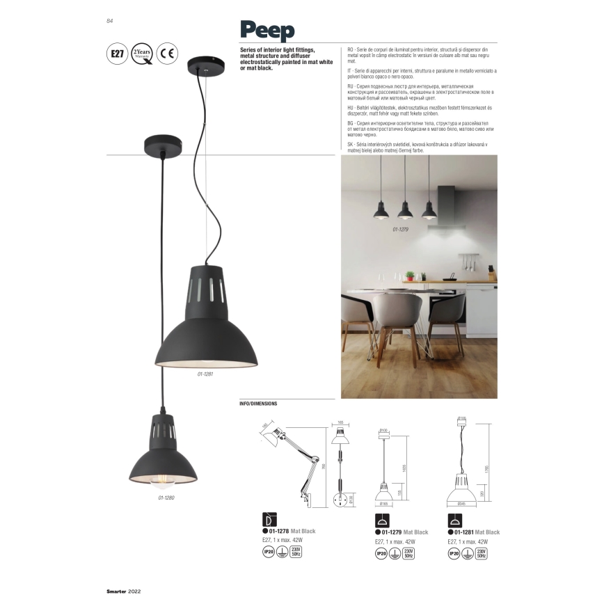 Redo 01-1282 - Κρεμαστό φωτιστικό με καλώδιο PEEP 1xE27/42W/230V, διάμ. 34,5 cm, λευκό