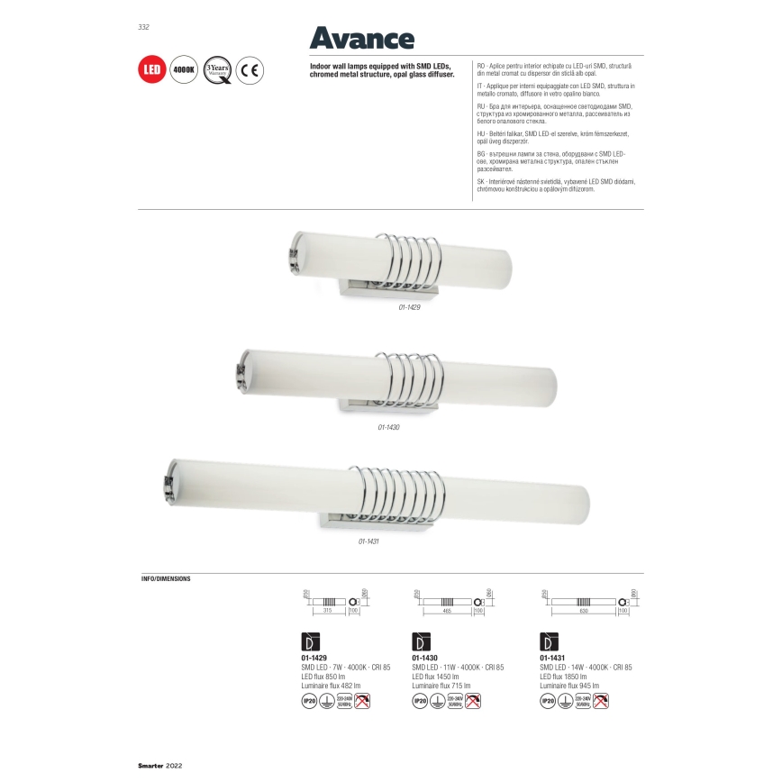 Redo 01-1431 - Φωτιστικό τοίχου LED AVANCE LED/14W/230V 63 cm λευκό