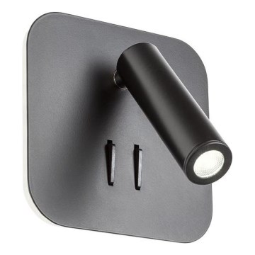 Redo 01-1492 - Επιτοίχιο φωτιστικό LED QUDA LED/6W/230V + LED/3W CRI 90 USB μαύρο