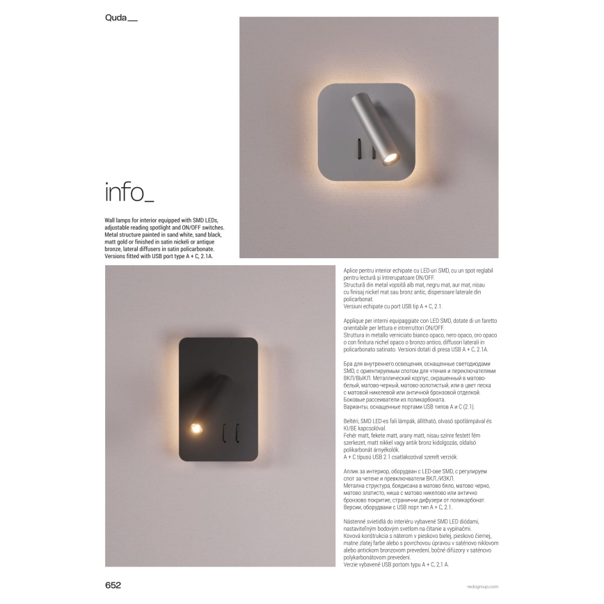 Redo 01-1492 - Επιτοίχιο φωτιστικό LED QUDA LED/6W/230V + LED/3W CRI 90 USB μαύρο