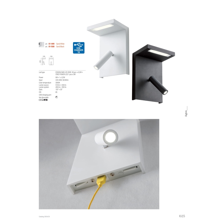 Redo 01-1500 - Φωτιστικό σποτ τοίχου LED AGOS LED/6W/230V + LED/3,2W USB μαύρο
