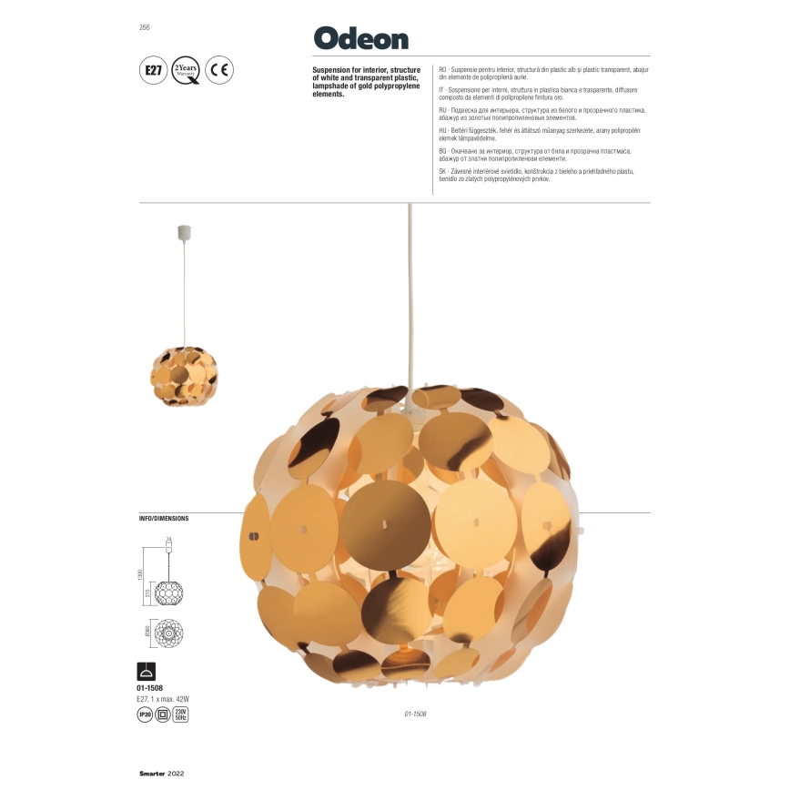 Redo 01-1508 - Κρεμαστό φωτιστικό οροφής ODEON 1xE27/42W/230V διάμετρος 36 cm χρυσό