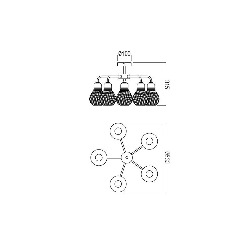 Redo 01-1577 - Πολύφωτο σε ράβδο EDISON 5xE27/42W/230V διάμ. 53 εκ. μαύρο/χάλκινο