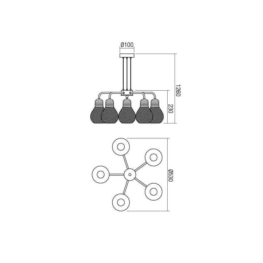 Redo 01-1580 - Κρεμαστό φωτιστικό με καλώδιο EDISON 5xE27/42W/230V Ø 53 cm μαύρο/χάλκινο